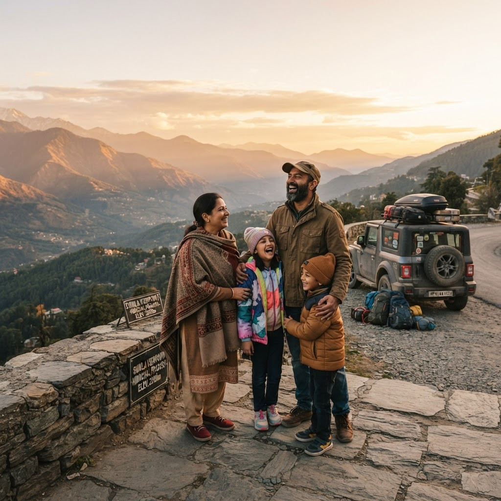 Happy family enjoying a mountain viewpoint